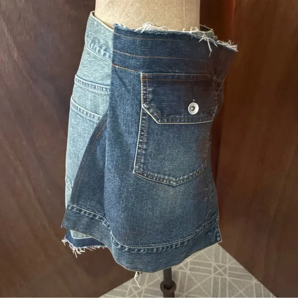 SACAI DENIM SHORTS sz 2 S-M Blue Jeans High Waist Skort Raw Hem - Picture 4 of 15